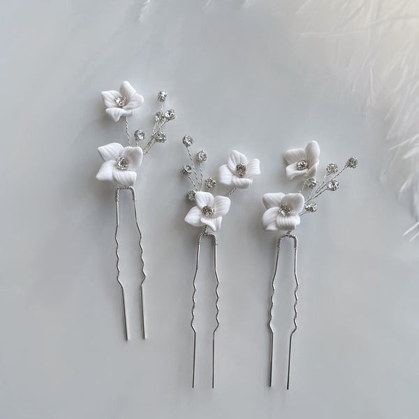 ELSIE - set 3 ace de păr pentru mirese cu flori si cristale (handmade)